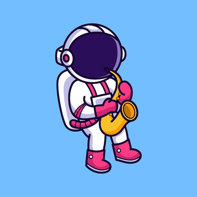 Cute astronaut playing saxophone isolated on blue