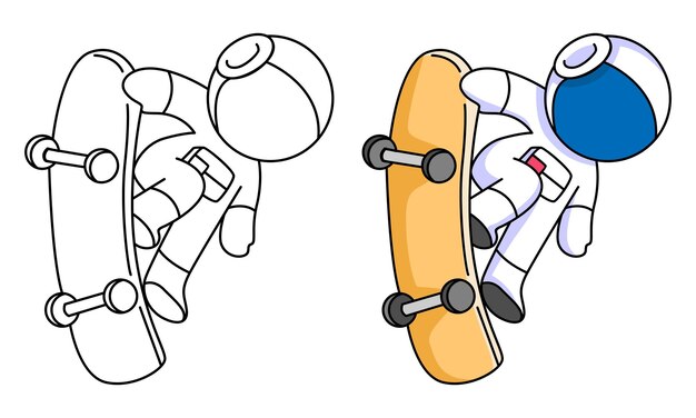 cute astronaut playing skateboard coloring page for kids