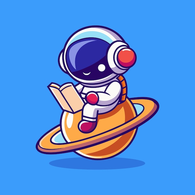 Cute Astronaut Read Book On Planet Cartoon Vector Icon Illustration Isolated Background