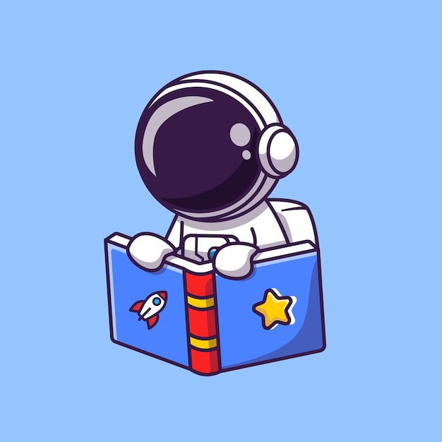 Cute Astronaut Reading Book Cartoon Illustration. Science Education Concept. Flat Cartoon Style