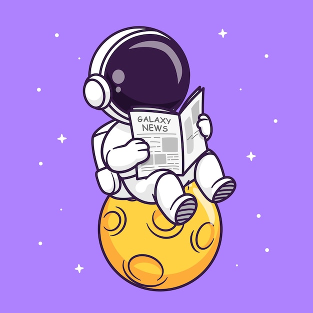 Cute Astronaut Reading Newspaper On Moon Cartoon Vector Icon Illustration Science Technology Icon