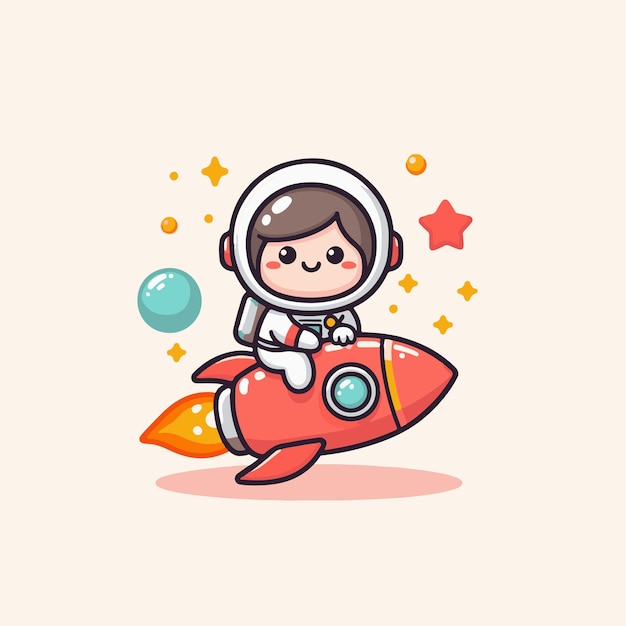 Cute Astronaut Riding Rocket Cartoon Vector Icon Illustration Science Technology Icon Concept