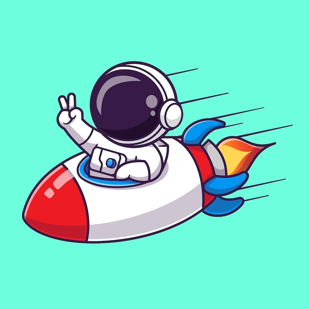 Cute Astronaut Riding Rocket With Peace Hand In Space Cartoon Vector Icon Illustration. Science Tech