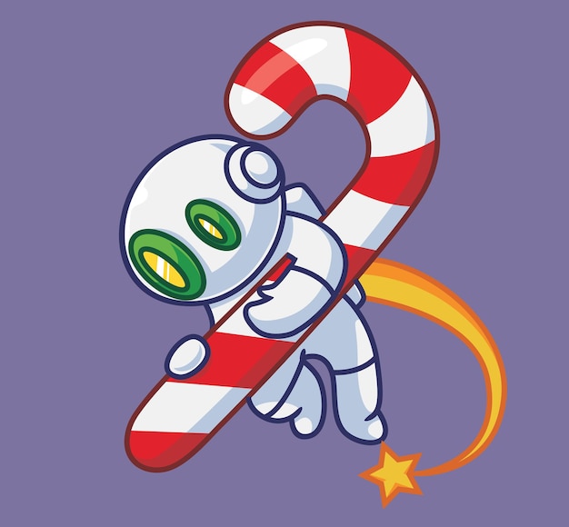 Cute astronaut robot hanging on giant candy Isolated cartoon person Christmas illustration