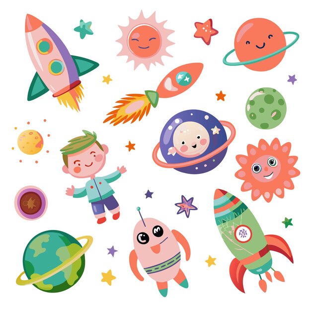 Cute Astronaut Rocket Ships Explore the Stars with Planets Sun