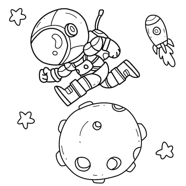 Cute astronaut running on the moon hand drawn coloring book cartoon isolated on white