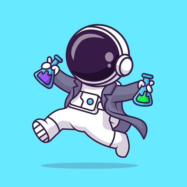 Cute Astronaut Scientist Bring Chemical Tube Cartoon Vector Icon Illustration. Science Technology