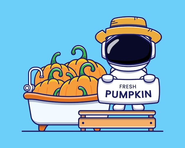 Cute astronaut selling pumpkins with bathtub