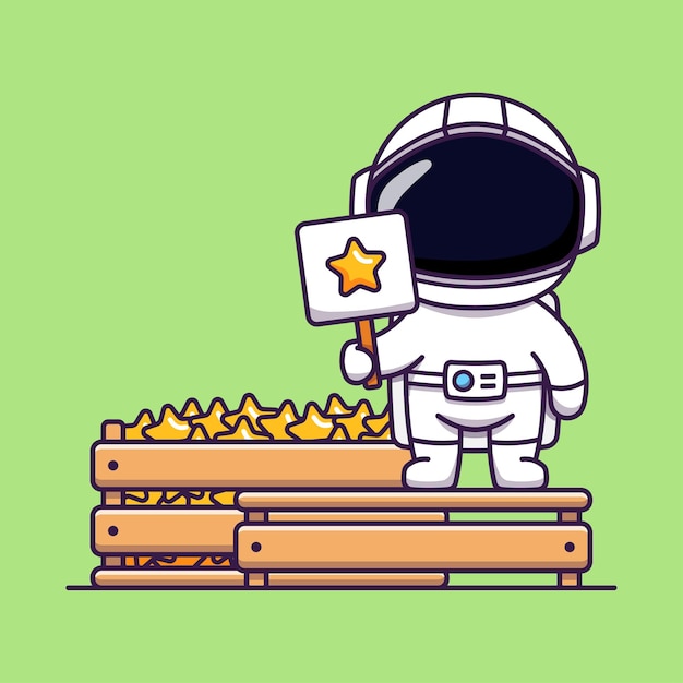 Cute astronaut selling stars isolated on green