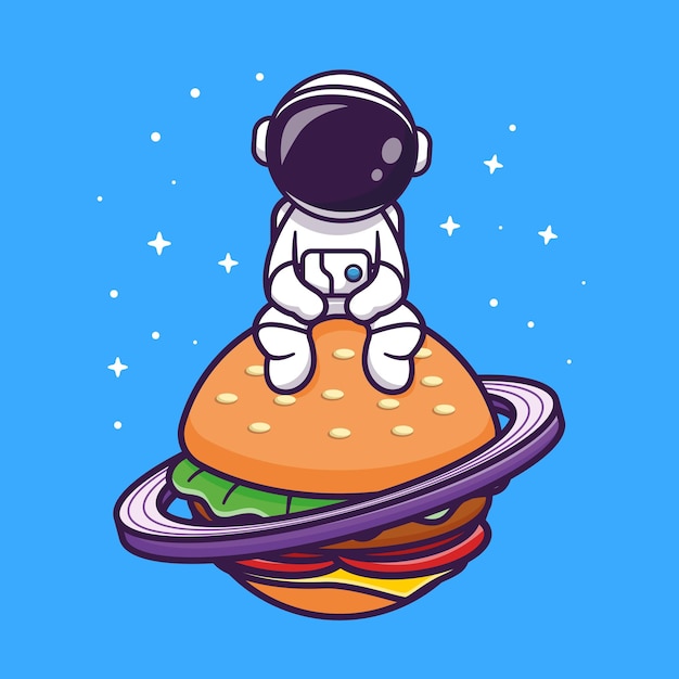 Cute Astronaut Sitting On Burger Planet In Space Cartoon Vector Icon Illustration. Science Food Icon