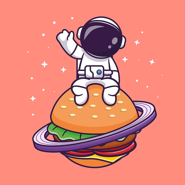 Cute Astronaut Sitting On The Burger Planet With Waving Hand Cartoon Vector Icon Illustration Flat