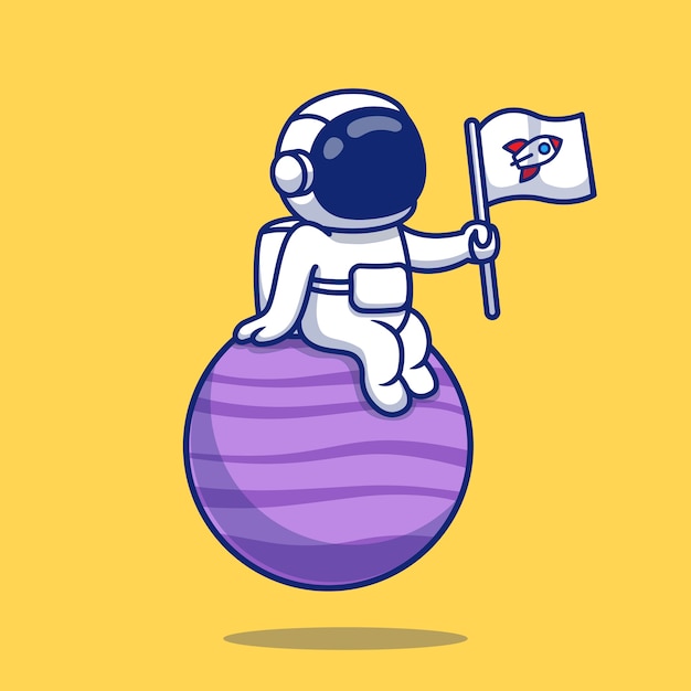 Cute Astronaut Sitting On Planet Holding Flag Cartoon Illustration. Space Icon Concept