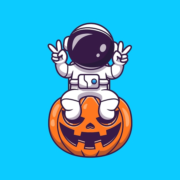 Cute Astronaut Sitting On Pumpkin Halloween With Peace Hand Cartoon