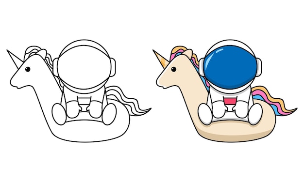 cute astronaut sitting on unicorn tires coloring page for kids