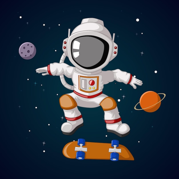 Cute astronaut skateboarding cartoon in outer space