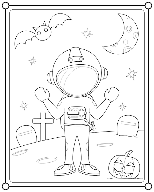 Cute astronaut in space grave suitable for children's coloring page vector illustration