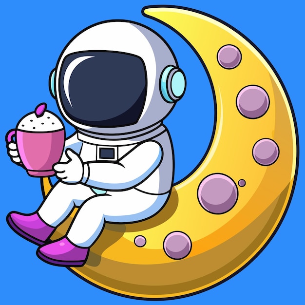 Cute Astronaut Swing On The Moon With Eat Doughnut And Drink Hot Coffee Cartoon Vector Icon Illustration Science Food Icon Concept Isolated Premium Vector Flat Cartoon Style