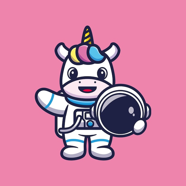 Cute astronaut uicorn holding helmet cartoon vector illustration