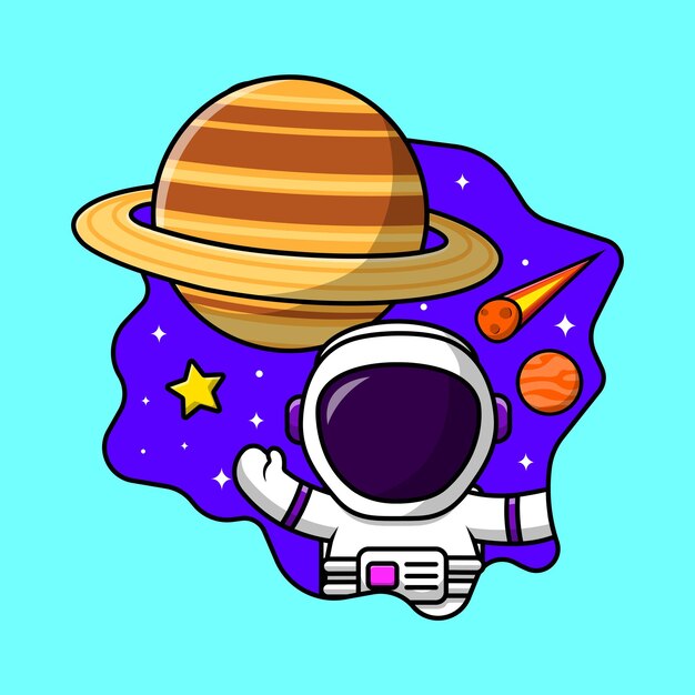 Cute Astronaut Waving Hand In Space Hole Cartoon Vector Icon Illustration