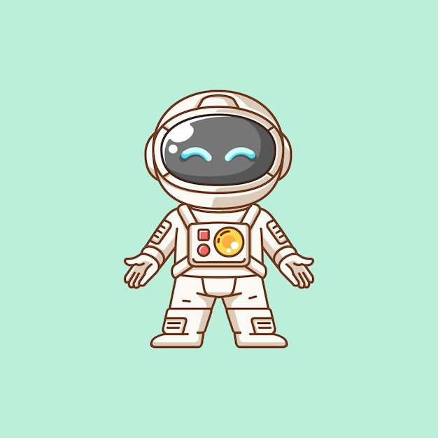 Cute astronaut welcome gesture kawaii chibi character mascot illustration outline style design