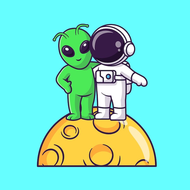 Cute Astronaut With Alien Standing On Moon Cartoon Vector Icon Illustration. Science Technology Icon