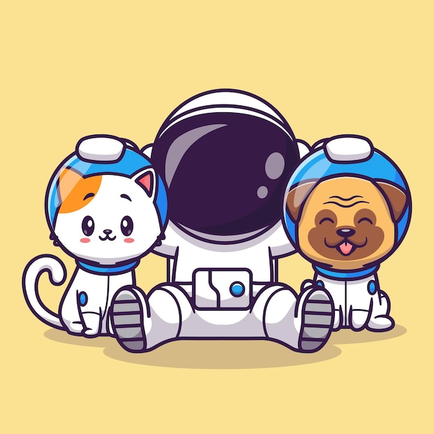 Cute Astronaut With Cat And Dog Cartoon Vector Icon Illustration. Science Animal Icon Concept Isolated Premium Vector. Flat Cartoon Style