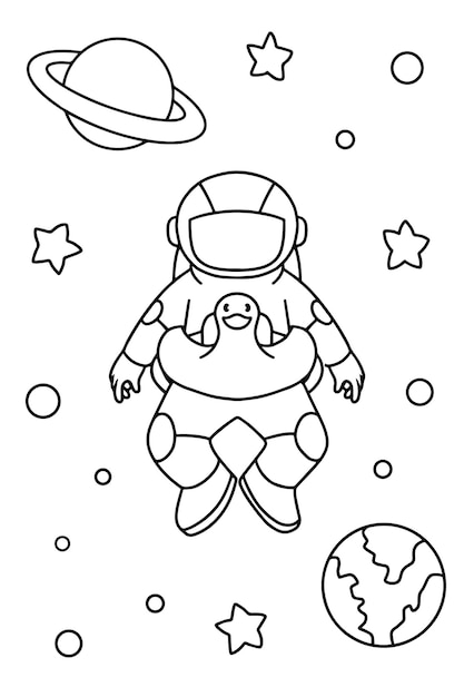 Cute astronaut with duck balloon coloring book illustration vector