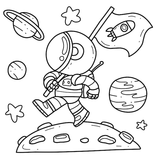 Cute astronaut with flag on planet hand drawn coloring book cartoon isolated on white