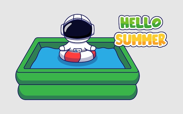 Cute astronaut with hello summer greeting banner