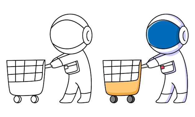 cute astronaut with shopping cart coloring page for kids