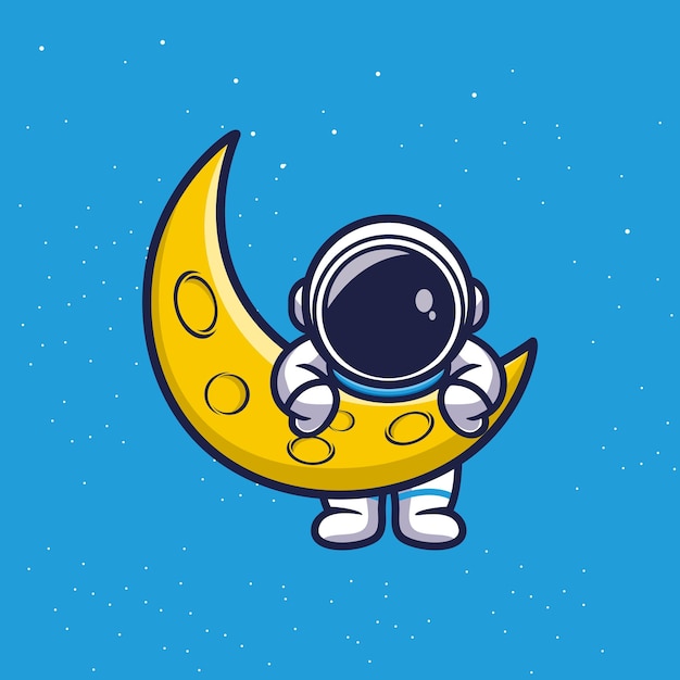 Cute astronaut with sickle moon cartoon vector illustration