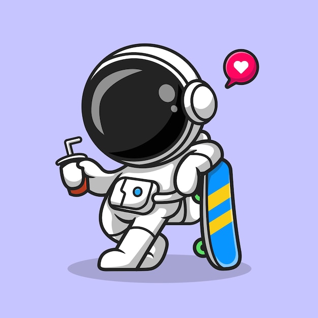 Cute Astronaut With Skateboard And Soda Cartoon Vector Icon Illustration. Sport Science Icon Concept Isolated Premium Vector. Flat Cartoon Style