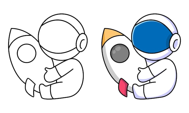 cute astronaut with spaceship coloring page for kids