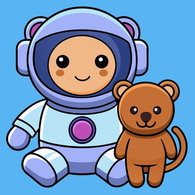 Vector cute astronaut with teddy bear doll cartoon vector icon illustration science technology icon concept isolated premium vector flat cartoon style