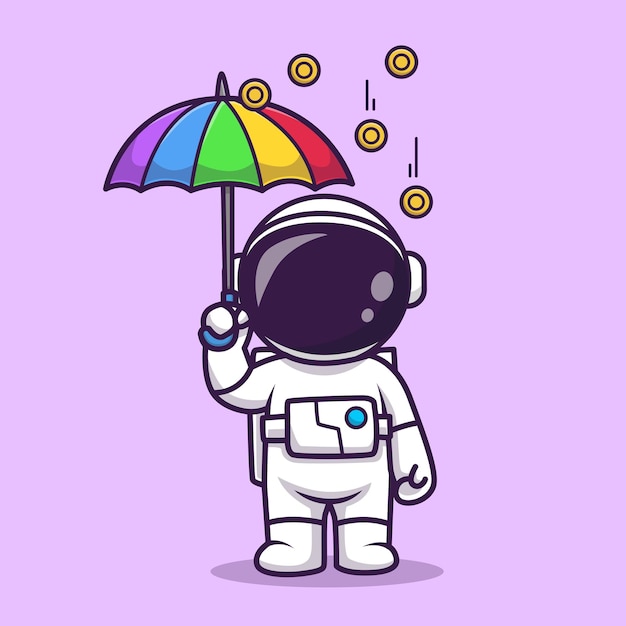 Cute Astronaut With Umbrella In Gold Coin Rain Cartoon Vector Icon Illustration Science Business