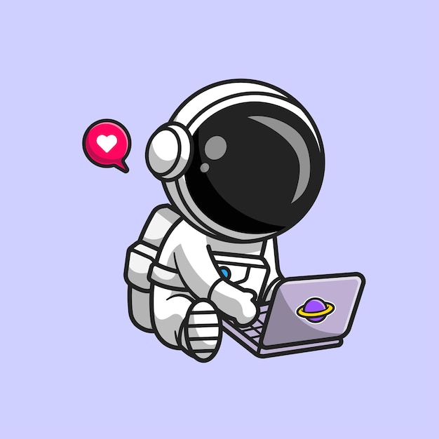 Cute Astronaut Working On Laptop Cartoon Vector Icon Illustration Science Technology Isolated Flat