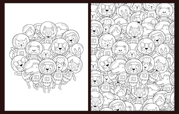 Cute astronauts animals coloring pages set in US Letter format Black and white space background