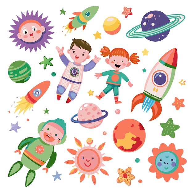 Cute Astronauts Explore Space with Rockets and Planets for Kids