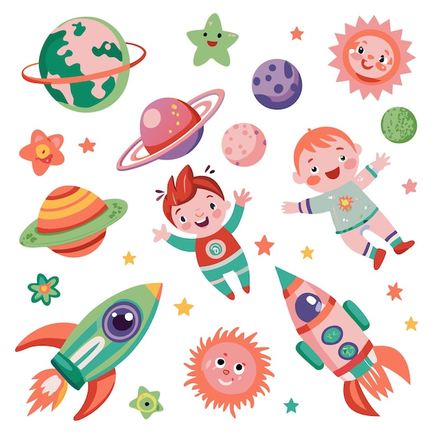 Cute Astronauts Fly Through Space with Planets Rockets and Stars