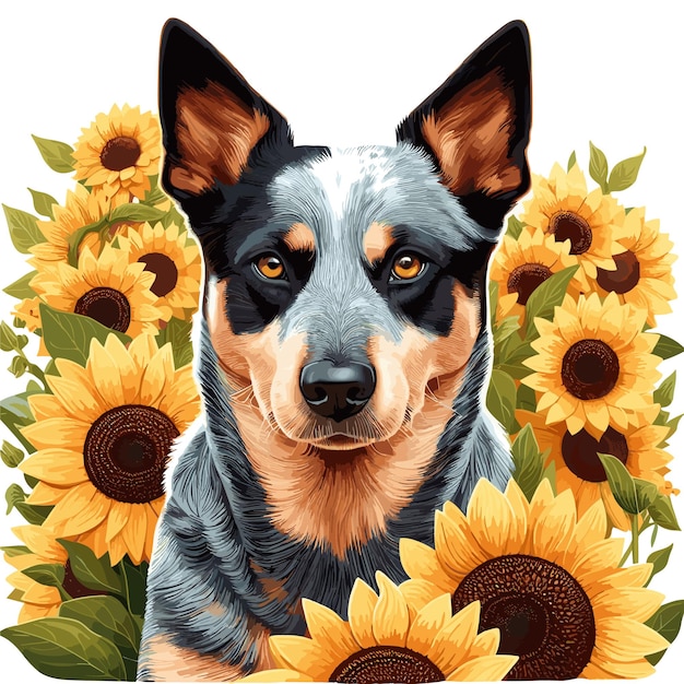 Cute Australian Cattle Dog amp Sunflowers isolated on white background