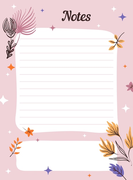 Cute autumn diary page template with lines for notes. Notebook, planner paper sheet design for girls