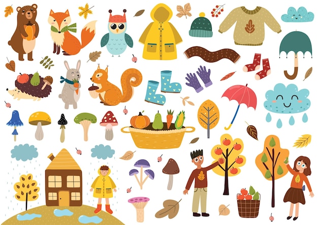 Cute autumn elements collection Fall clothes animals leaves mushrooms kids and more