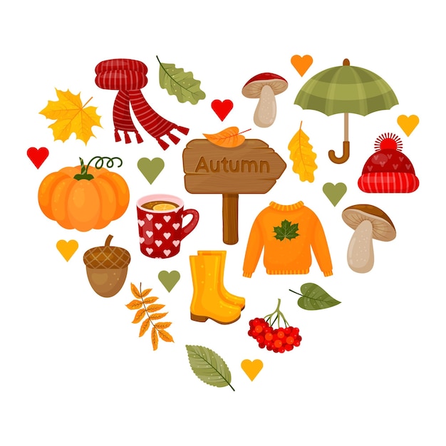 Cute autumn elements in form of heart Leaves pumpkin acorn sweater scarf cup of hot tea mushrooms and other symbols of fall and autumn Vector illustration Cartoon style