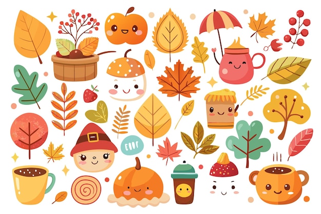 Vector cute autumn elements with cartoon faces