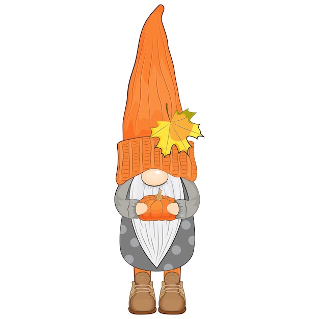 Cute autumn gnome with pumpkin. Fall vibes. Vector illustration.