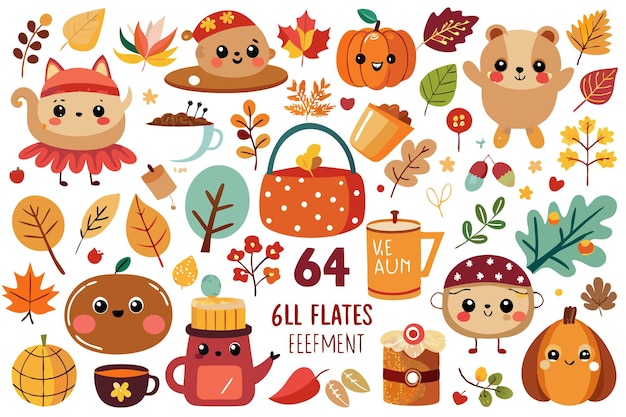 Vector cute autumn illustrations set with animals food and leaves