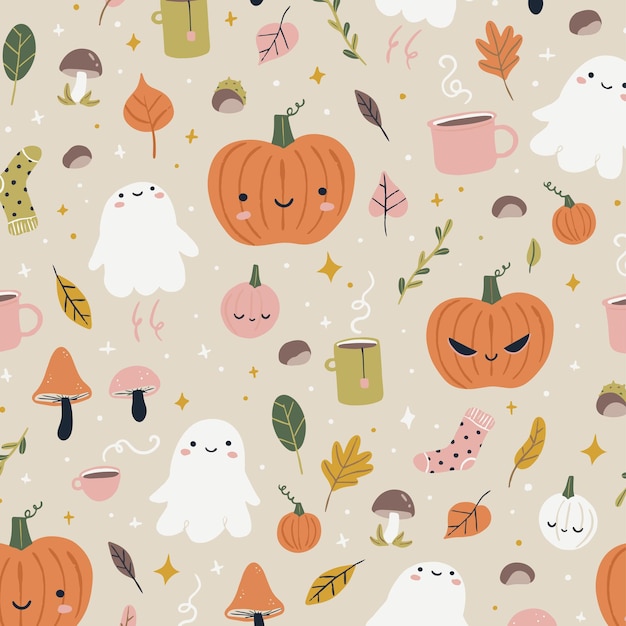 Cute Autumn Pumpkins and ghosts seamless pattern