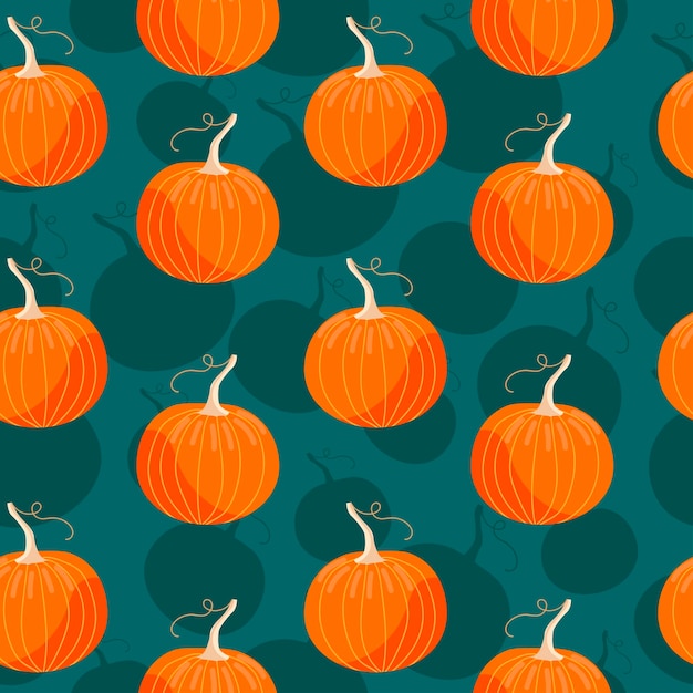 Cute autumn seamless pattern with hand drawn pumpkins on dark turquoise background. Pattern for thanksgiving, halloween, gift wrapping or textile.