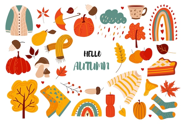 Cute autumn set with leaves acorns sweater scarf pumpkins boots mushrooms pie rainbow