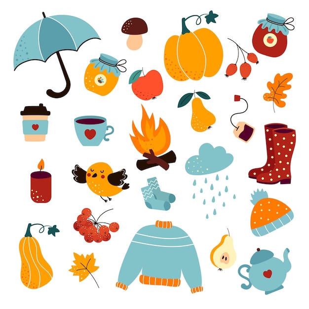 Cute autumn stickers and illustrations vector set including a pumpkin a hat and a scarf